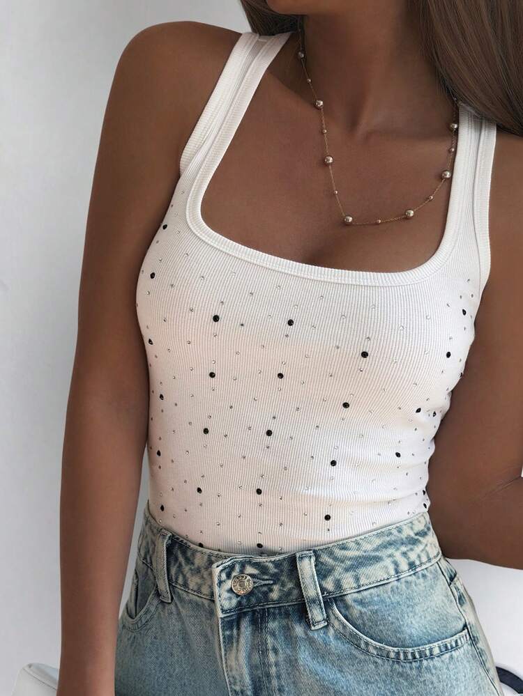 Women's Fully Rhinestoned Square Neck Camisole Summer