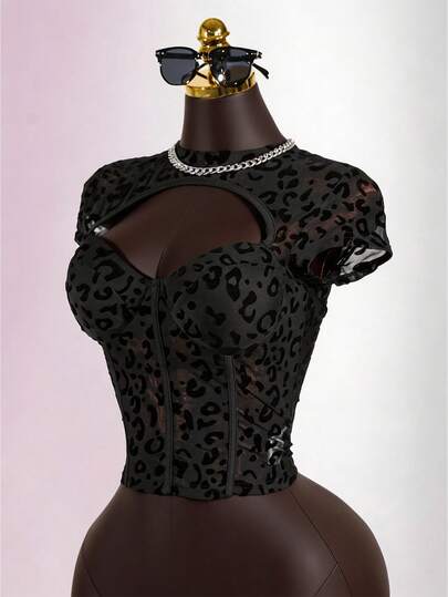 SaltGleam SaltGleam Black Leopard Print T-Shirt,Sexy Mock Neck Cut Out Bust Cup Slim Fit Bodysuits,Cheetah Print Mesh Contract Sheer Sexy Fishbone Bodysuit,Fashion Street See-Through Music Festival/Club/Night Out/Rave Festival Outfits,Summer Casual Daily Wear