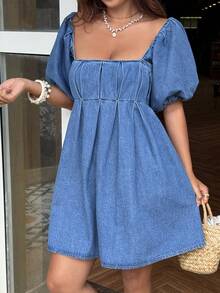 Sunnyshic Women's Denim Extra Long High Slit Dress - Blue - View 6