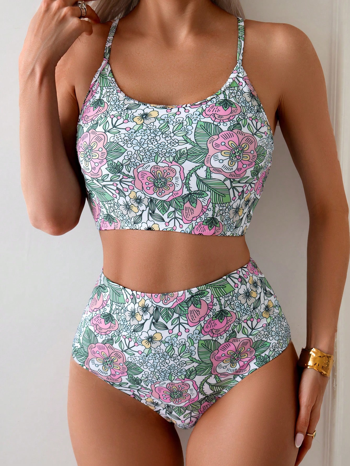 Swim Vcay Conjunto de Tankini Impresso Aleatório para Praia nas Férias de Verão, Conjunto de Duas Peças, Maiô Bikini de Cintura Alta - Multicolorido - Visão 3