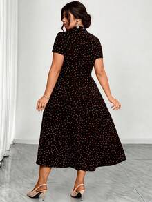 Elenzga Vestido de fiesta elegante con efecto de cintura para mujer de talla grande con lunares - Negro - Ver 2