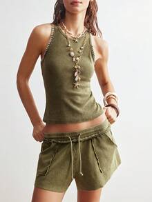 Bohemela 2pcs/Set Women Casual Striped Off-Shoulder Long Sleeve Loose Top & Loose Shorts - Green - View 3