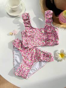 Dazy Kids Bộ đồ bơi tankini viền bèo họa tiết hoa dành cho bé gái (cỡ nhỏ). - Hồng - Xem 2