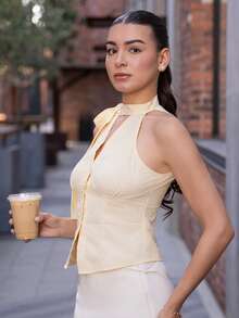 Andrea Bello Women's New Arrival Sleeveless Bowknot Waist Slim Striped Blouse - Yellow - View 5