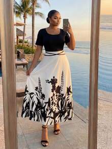 SHEIN Lady CURVE Đầm ngắn tay ôm sát, cổ chữ V, họa tiết hình học, cỡ lớn, dành cho nữ, kiểu dáng thanh lịch, đầm bút chì, trang phục mới nhất cho nữ, đầm chất lượng cao. - Đen và trắng - Xem 4