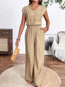 EMERY ROSE Women's Solid Color V-Neck Pocket Casual Jumpsuit Palazzo - Khaki - View 4
