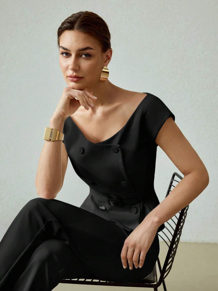 PREMIUM ELEGANT FASHIONABLE DOUBLE-BREASTED PEPLUM TOP - Black - View 1