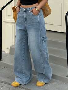 Dazy Plus Washed Blue Distressed Cat Whisker Side Pocket Loose Wide Leg Casual Jeans, All Season - Light Wash - View 3