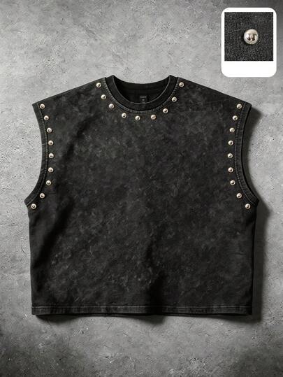 Manfinity EMRG Men's Summer Casual Black Silver Metal Studs Studded Rivet Beaded Armhole Trim Solid Plain Sleeveless Tank Top Muscle Tee Vest Vintage Streetwear Goth Gothic Punk Rock Biker Dark Style Y2K 2000s Style Acid Wash Distressed Going Out Club Party Concert Festival Rave Coachella Crew Neck Oversized Loose Fit Breathable Top,Men's Rivet Design Round Neck Casual Versatile Tank Top