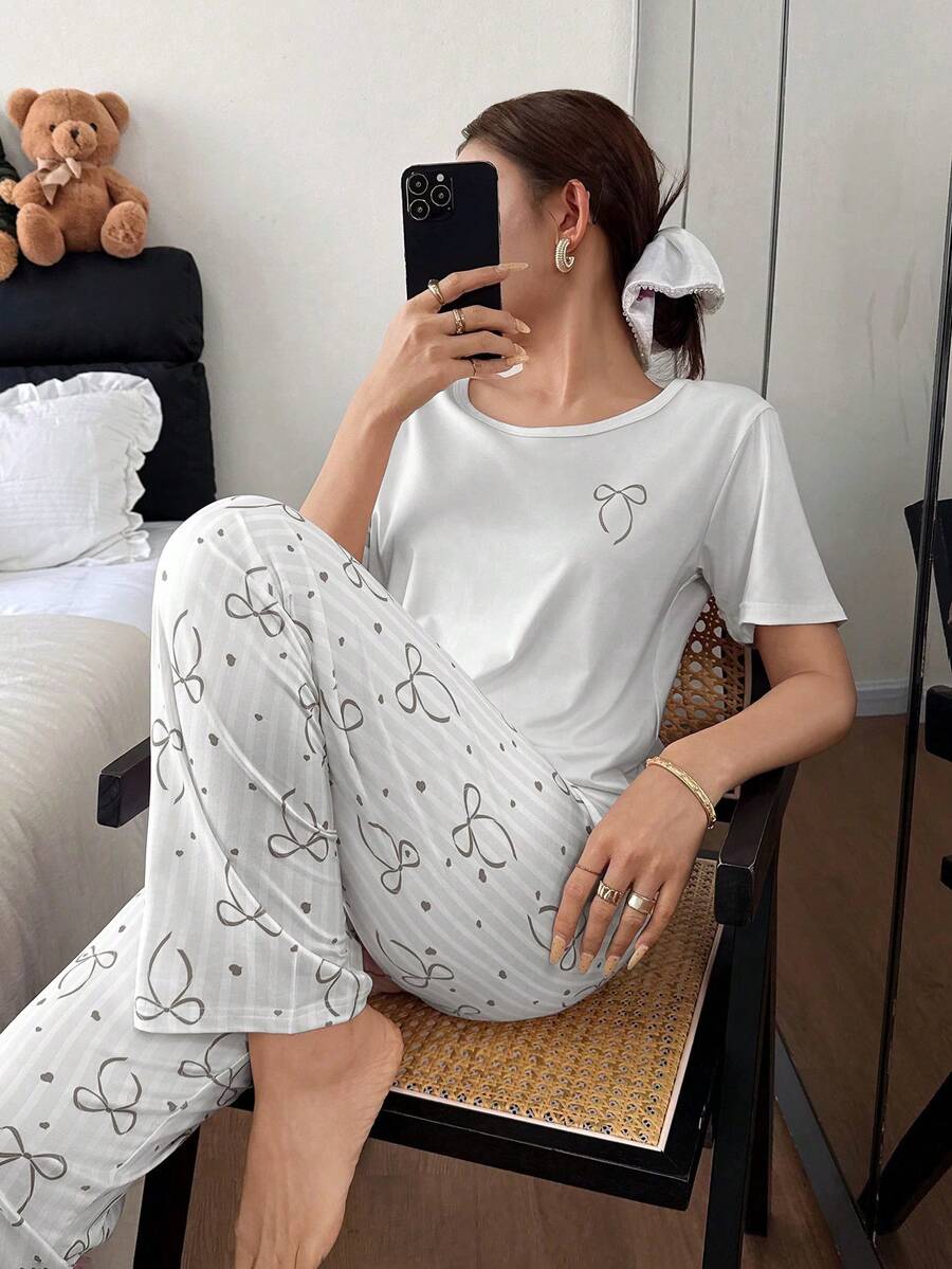 Cute Girl Bow Print Short Sleeve & Long Pants Women Pajama Set - Multicolor - View 1