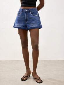 Maija Quần short denim nữ mùa hè kiểu dáng thường ngày, đính đinh tán. - Màu xanh lam - Xem 7