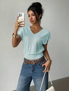 Siren Gaze Women's V-Neck Loose Short Sleeve Top, New Summer Design,Summer Top - Blue - View 4