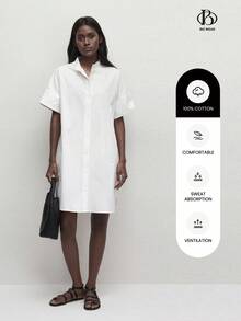 BizChic Đầm cotton trắng trơn dáng rộng, cổ tàu, cài cúc phía trước, kiểu dáng tối giản cơ bản dành cho nữ, thích hợp mặc hàng ngày, đi làm, công sở. - trắng - Xem 3