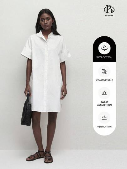 BizChic Women's Casual Solid White Mandarin Collar Button Front Loose Cotton Dress, Minimalist Basic Style For Daily, Commuting, Business Casual, Office Wear,Summer Dresses For Women For Women White Dress For Women Casual Dresses For Women Summer Dress Wedding Guest Dress For Women Elegant Dresses For Women