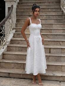 Lucivie 女士休闲优雅吊带褶皱心形领中长连衣裙，白色田园风Y2K浪漫野餐约会夏季连衣裙 - 白色 - 查看 5