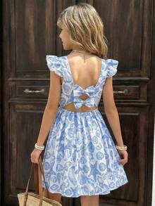 女童碎花露背蝴蝶结设计短袖收腰连衣裙 - 藍色 - 查看 3