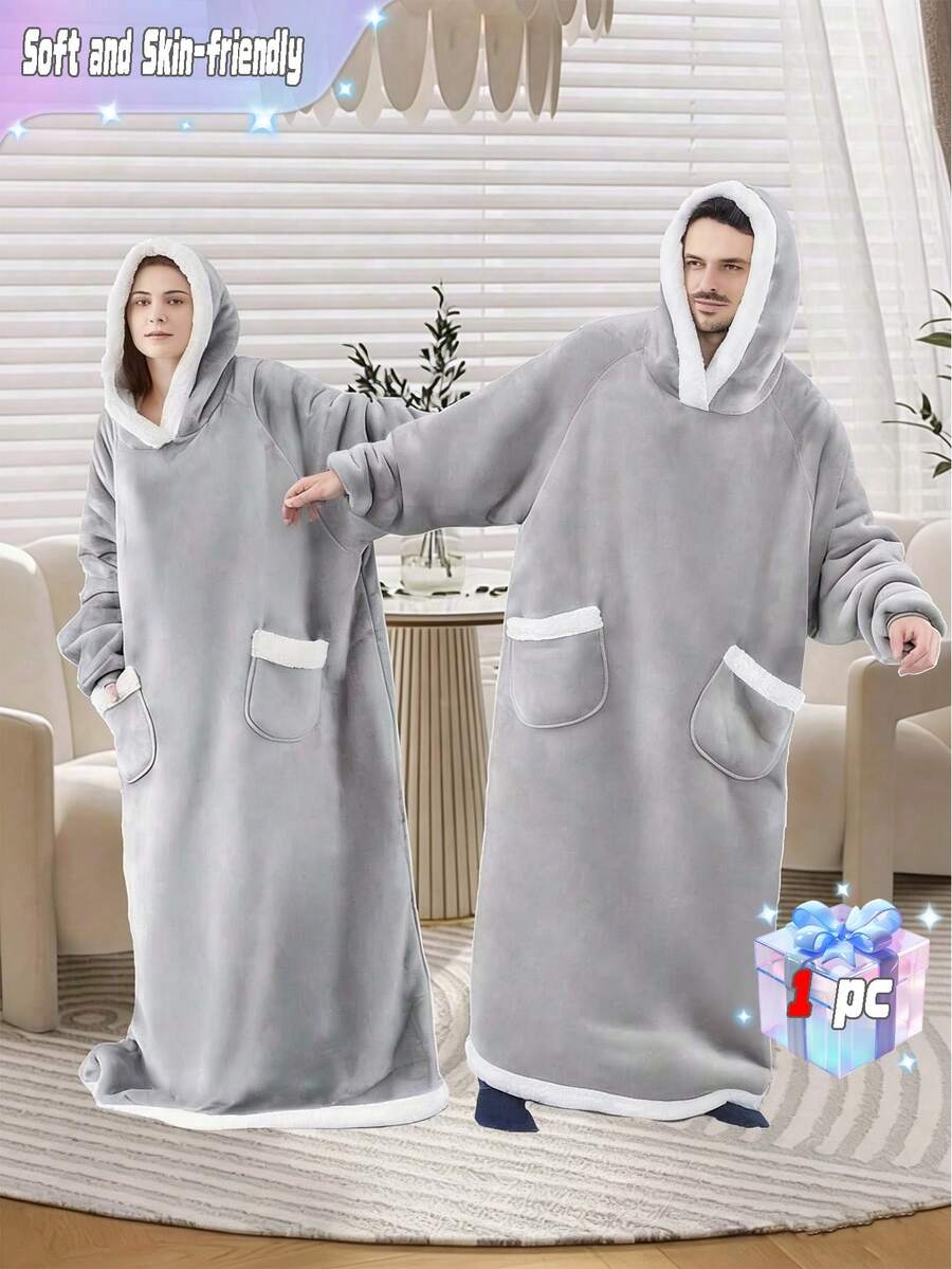成人可穿戴连帽毯，冬季加厚浴袍，仿羊毛面料，大口袋，宽松可穿戴睡衣，仿羊毛面料加厚保暖可穿戴连帽运动衫毯，柔软毛绒连帽运动衫，均码，适合送给亲朋好友。