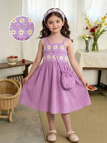 SHEIN Elladie kids 女童紫色钩花边连衣裙及配套可爱圆形包包，夏季休闲度假户外运动连衣裙 - 淡紫色 - 查看 8