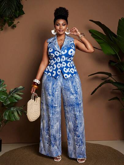 Maweii 女士优雅印花翻领无袖上衣和裤子两件套，大码，适合派对、度假和日常穿着