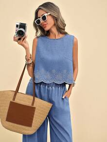 Travachic 女士休闲刺绣无袖牛仔衬衫 - 淺色水洗藍 - 查看 4