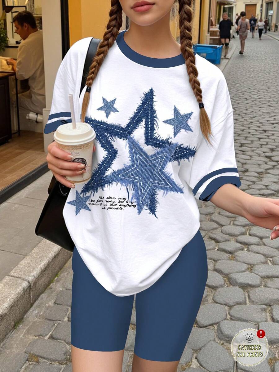 青少年女孩星星印花圖案寬鬆休閒白色兩件套,條紋短袖T恤與長褲,夏季度假街頭穿搭,Y2K女孩服飾 - 彩色 - 查看 1