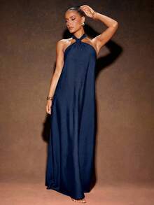 Hauture Elegant Solid Color Backless Halter Dress, Summer - Navy Blue - View 3