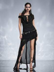 ROMWE Goth Shoulder Tie Beaded Ruched Waist Fitted T-Shirt - Black - View 1