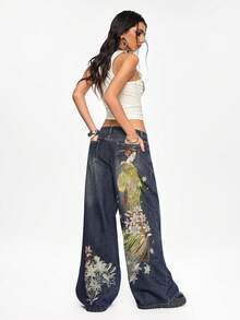 ROMWE Grunge Punk Celana Jeans Vintage Jepang Motif Geisha Bunga Bordir Pinggang Rendah Kaki Lebar - Biru - View 4