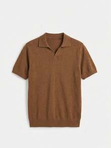 Manfinity CityGents Men's Coffee Brown Knitted Polo Shirt,Summer Casual Work Raglan Short Sleeve V Neck Ribbed Knit Top,Buttoned Jersey Sweater Shirt Everyday Outfits - Brown - View 2