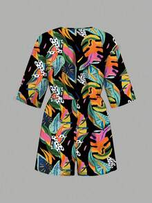 Slaydiva Vacation White Front Tie Hollow Out 3/4 Sleeve Loose Jumpsuit Women's Shorts Women's Resort Wear Vacation Outfits Women Tropical Women's Summer Women's Tropical Print Outfit - Multicolor - View 4
