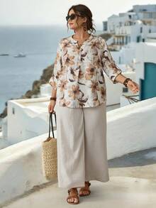 Parysyn Plus Size Floral Print Brown Flower 3/4 Sleeve Button Front Split Neck Top And Beige Solid Elastic Waist Long Pants Two Piece Set With Pockets - Apricot - View 6