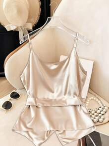 Lyxana Camiseta de mujer de unicolor con nudo lateral de moda - Champán - Ver 2