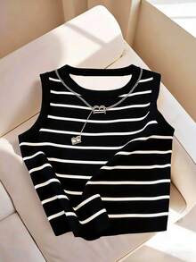 GlowEve CURVE Plus Size Women Black And White Striped Round Neck Tank Top Summer Sleeveless Vest,Versatile Casual Smart Casual Stripe Tops For School New Arrivals - Black - View 1