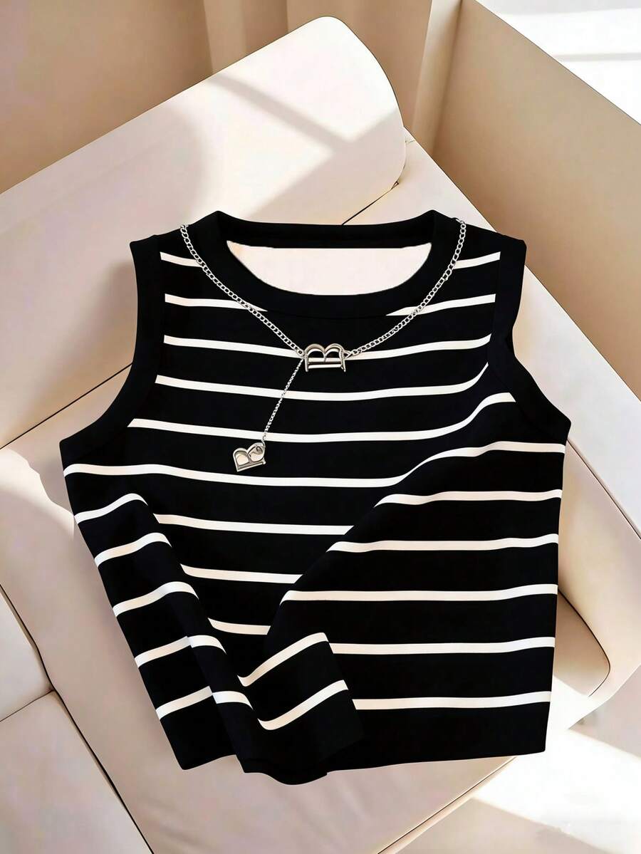GlowEve CURVE Plus Size Women Black And White Striped Round Neck Tank Top Summer Sleeveless Vest,Versatile Casual Smart Casual Stripe Tops For School New Arrivals - Black - View 1
