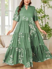 Lacomfia 大码女式短袖收腰喇叭下摆纯色树叶印花度假优雅连衣裙 - 彩色 - 查看 4