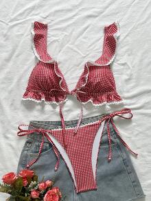 Swim Mod 女士甜美可爱格子印花荷叶边白色蕾丝比基尼上衣和侧系带三角泳裤休闲沙滩度假泳装套装女士度假套装 - 紅色 - 查看 6