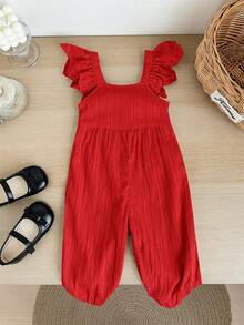 SHEIN LMoss Kids Babygirl Cute Summer Versatile Apricot Textured Romper - Red - View 2