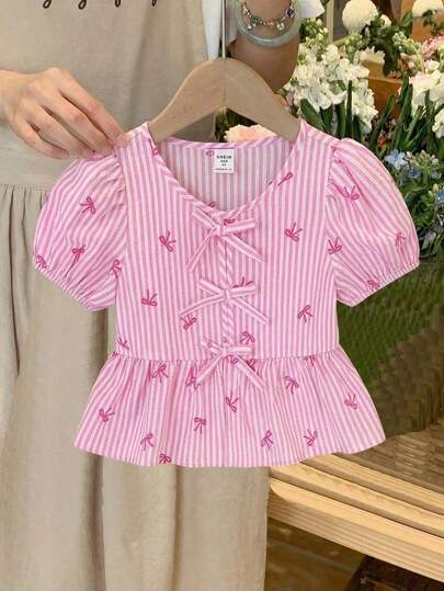 Emery Rose Kids قميص فتاة صغيرة بأكمام بتلات مخططة مزين بفيونكة