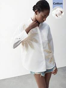 SHEIN Maija 杏色钩针装饰休闲波西米亚风宽松衬衫，蝙蝠袖设计，柔软舒适，适合春夏、音乐节、伊比沙岛等场合，兼具现代都市休闲时尚、商务休闲、女士办公室着装、毕业典礼等休闲风格。 - 白色 - 查看 8
