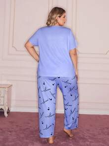 Slumberry CURVE Cute Ins Contrast Color Valentine's Day Love Print Round Neck Long Sleeve Loose Comfortable Black Plus Size Pajama Set - Baby Blue - View 2