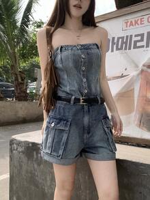 Women's Washed Denim Jumpsuit, Casual Street Music Festival Tube Top Overalls Y2k Summer - Medium Wash - View 9