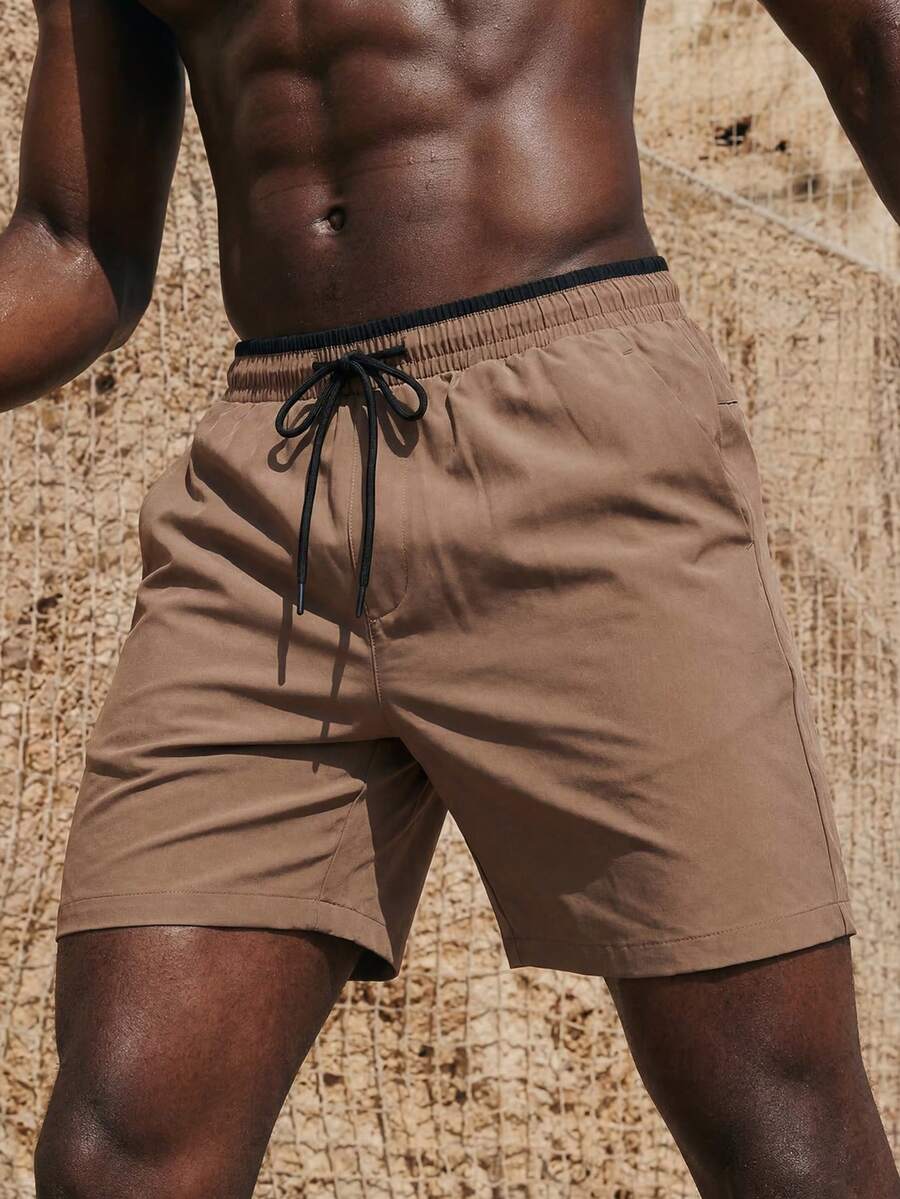 ZELFYO 男士二合一束腰泳裤，牛奶丝衬里，夏威夷风情 - 卡其色 - 查看 1