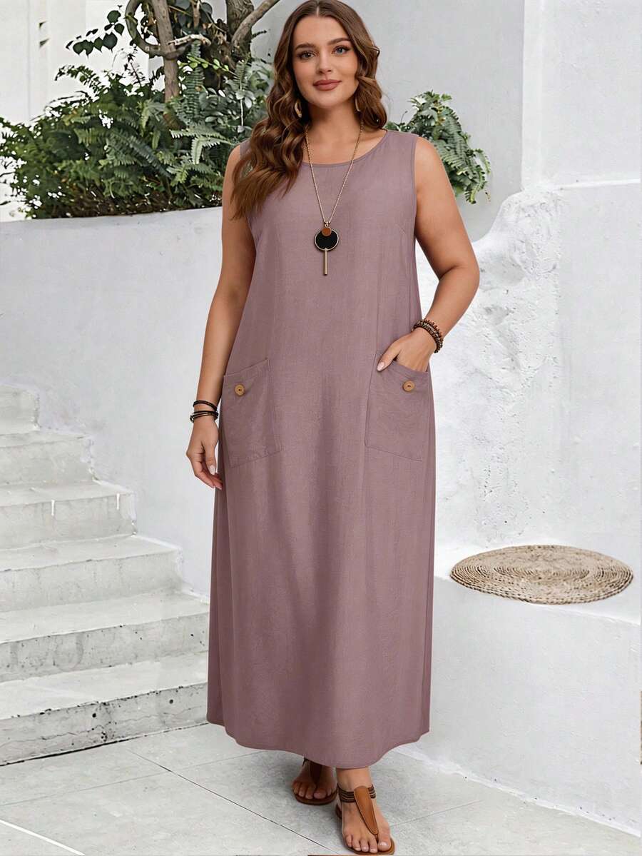 EMERY ROSE Plus Size Women's Solid Color Round Neck Sleeveless Casual Dress With Pockets/Summer/Spring/Vacation - Pink - View 1