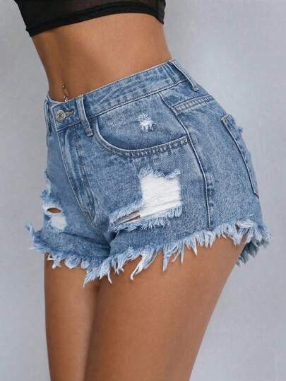 SHEIN ICON Plus Size Fashion Casual Summer Versatile Distressed Denim Shorts