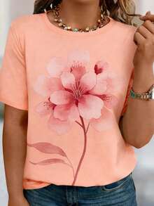 EMERY ROSE Plus Size Women Casual Short Sleeve Round Neck T-Shirt With Ink Floral Print - Multicolor - View 3