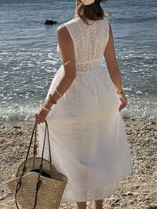 Elyressa Women's Sleeveless Dress With Random Floral Embroidery - White - View 2