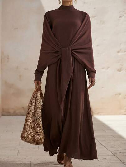 Zivah 20  Autumn/Winter New Arrival, Suitable For Birthday Party, Graduation Season, Daily Outing, Versatile, Casual Vacation, Cruise Travel, Beach Sunbathing, Internet Fashionable, Casual Elegant, Commute & Party, Round Neck, Long Sleeve, Flared Cuffs, Waist BelDressFitted Maxi Dress, Women Brown Long Dress Long Sleeve Brown Dress