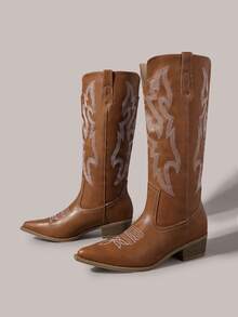 Styleloop Ladies Sexy Casual Western Boots One Pedal Pointed Heel Thick Heel Festival Leather PU Embroidered Handmade Women's Boots Brown Boots - Brown - View 2