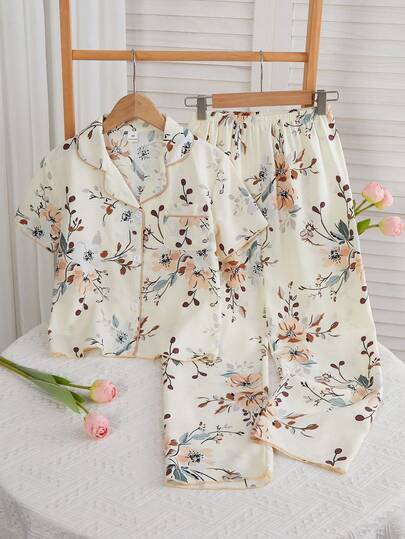 SHEIN Girls' Apricot Elegant Floral Print Short Sleeve Collared Cardigan With Pants, Casual Comfortable Loose 2 Pieces Loungewear Set