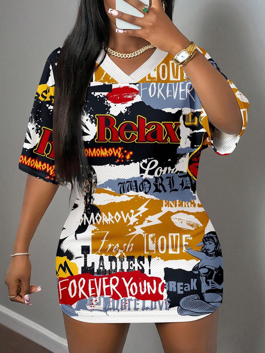 Slaydiva 大码女式V领字母印花休闲约会连衣裙，适合夏季穿着 - 彩色 - 查看 1